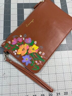Brown Floral Leather Wristlet Clutch - handpainted design